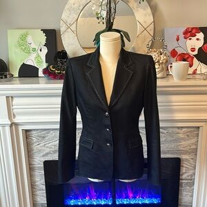 Tahari fitted jacket size 4 dark denim look with tan stitching detail